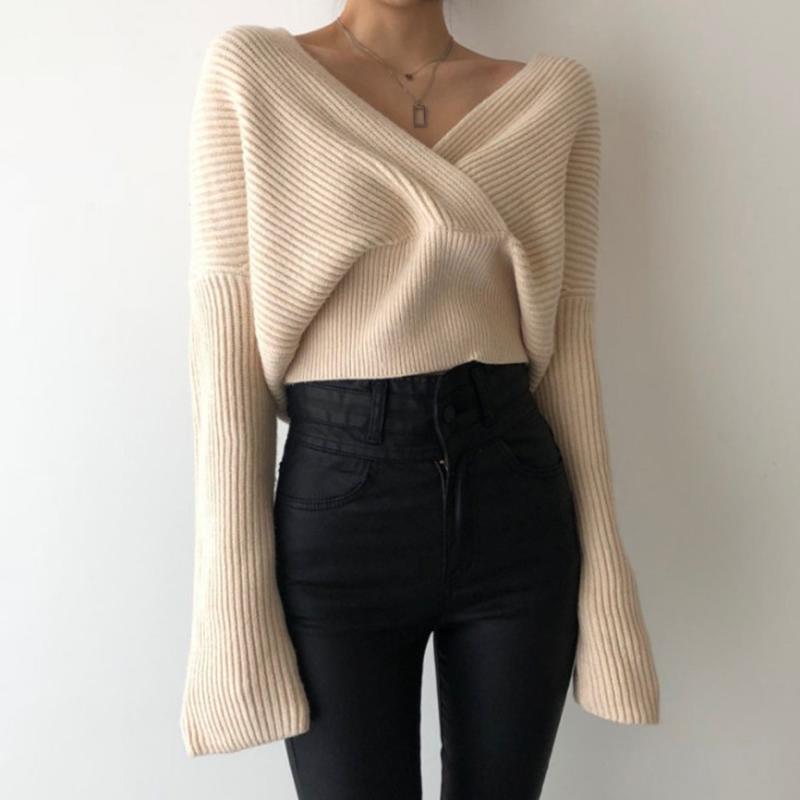 

Осень-зима женские однотонные свитера вязаные v-образным вырезом крест дикие модные сексуальные пуловеры женские винтажные топы трикотаж One Size абрикосовый