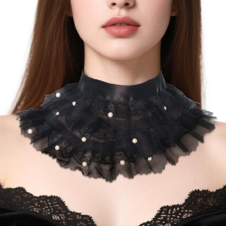 Stylish 3 Layer Pearls Beaded Detachable Collar Lace Choker Necklace Accessory For Formal And Casual Wear