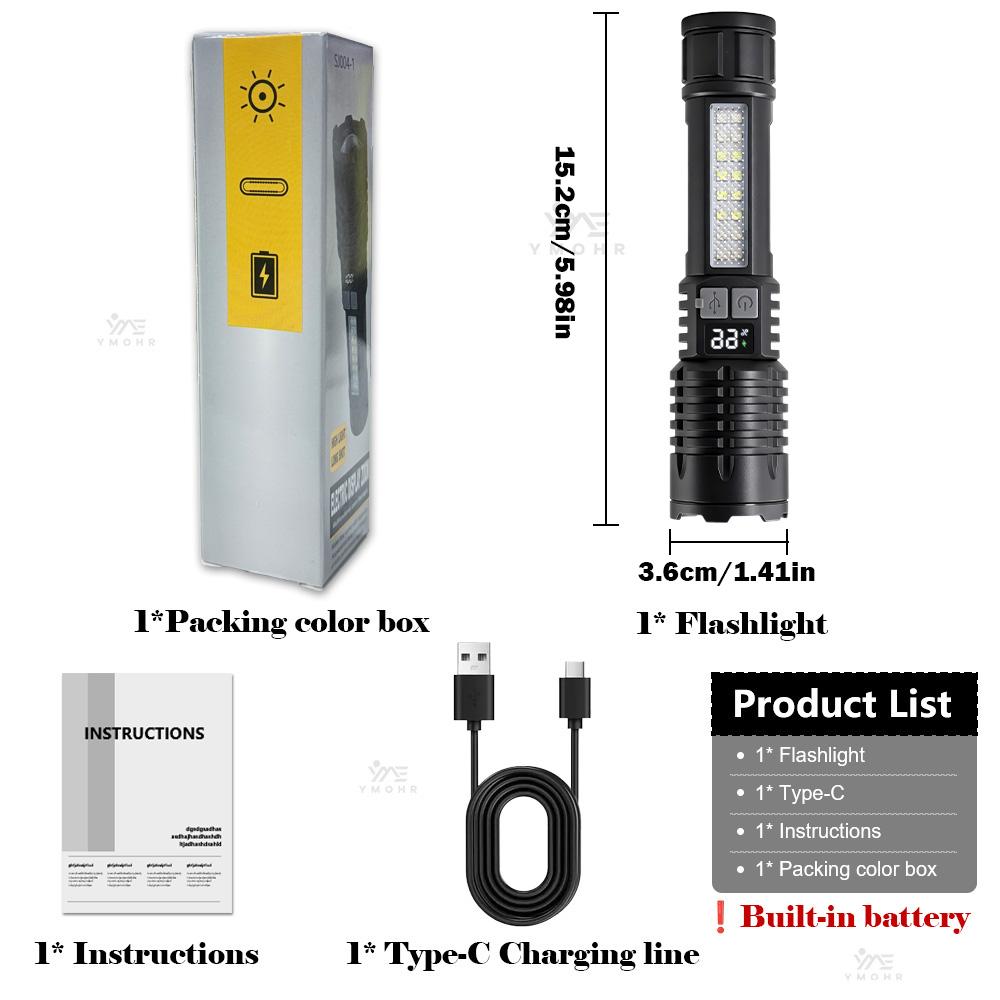 White Laser High Power Flashlight USB C Rechargeable Flashlight 18650 EDC Torch Lamp with Side Lights Work Light Camping Lantern