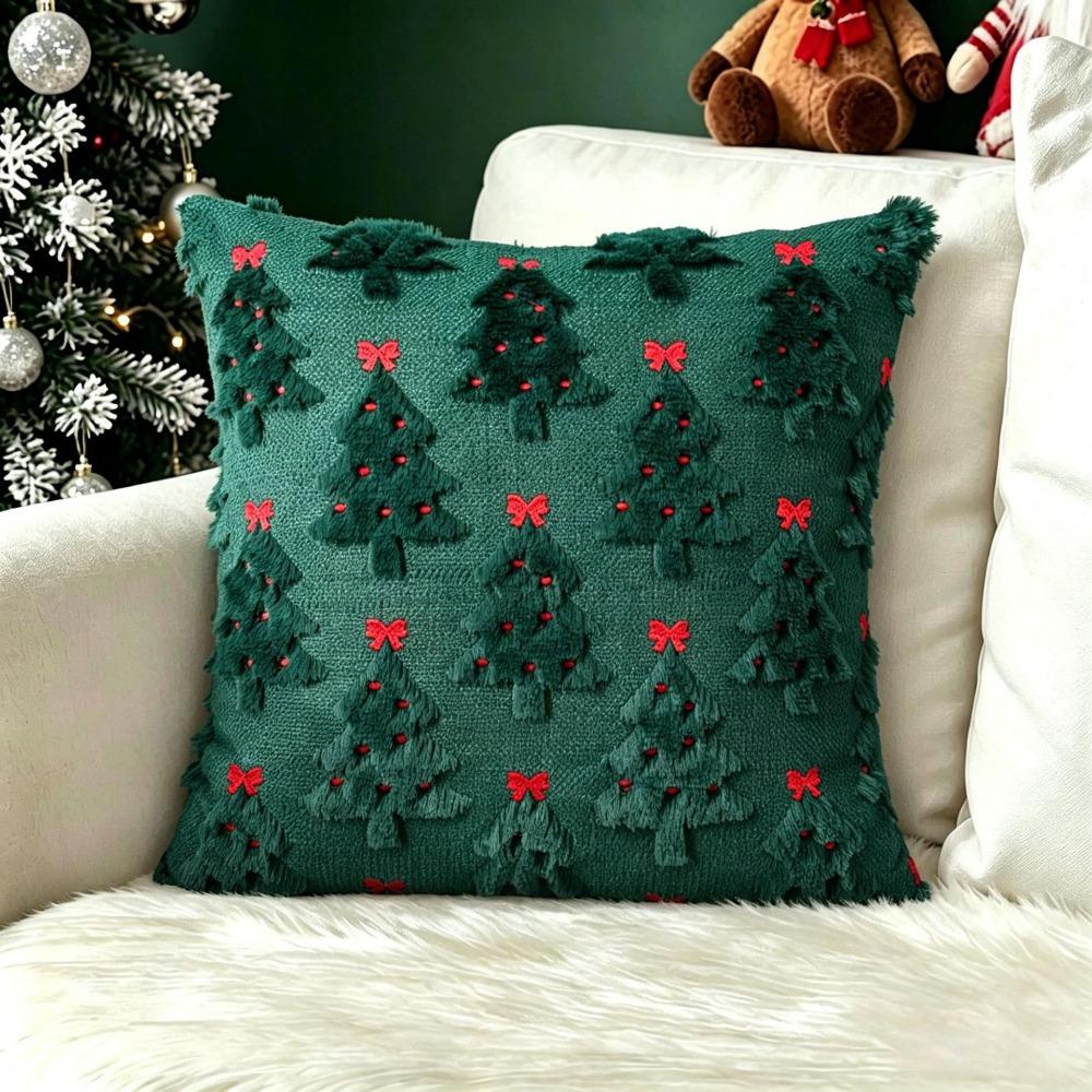 Plush Christmas Decorative Cushion Cover Christmas Tree Wreath Pattern Embroidered Sofa Cushion Slipcover Square Hidden Zipper