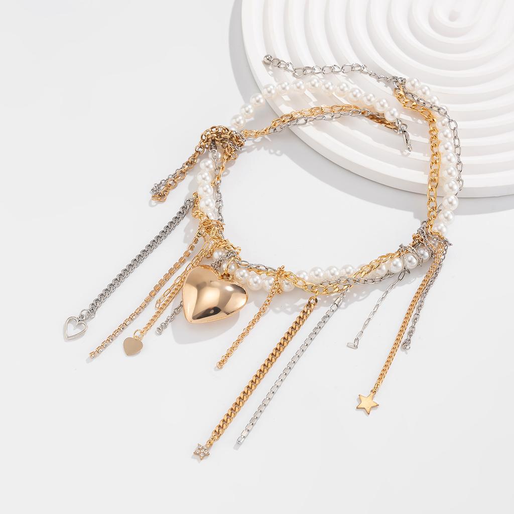 Fashion Imitation Pearl Heart-shaped Fringed Necklace, Exaggerated Big Love Pendant, Metal Chain, Collarbone Chain