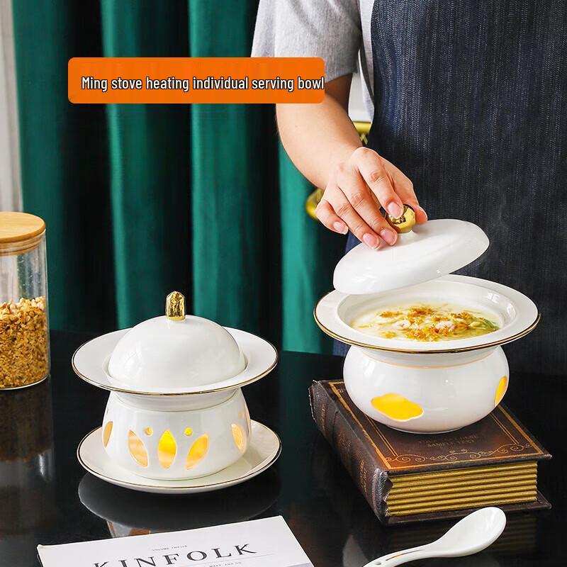 Ceramic Candle Heated Mini Stew Pot with Gold Rim