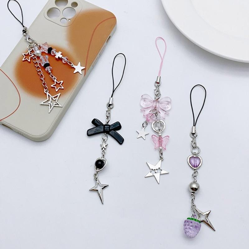 4Pcs Cute Bowknot Star Pendant Phone Charm Y2K Phone Chain Strap Sweet Bag Decoration Lanyards Keychain Accessories