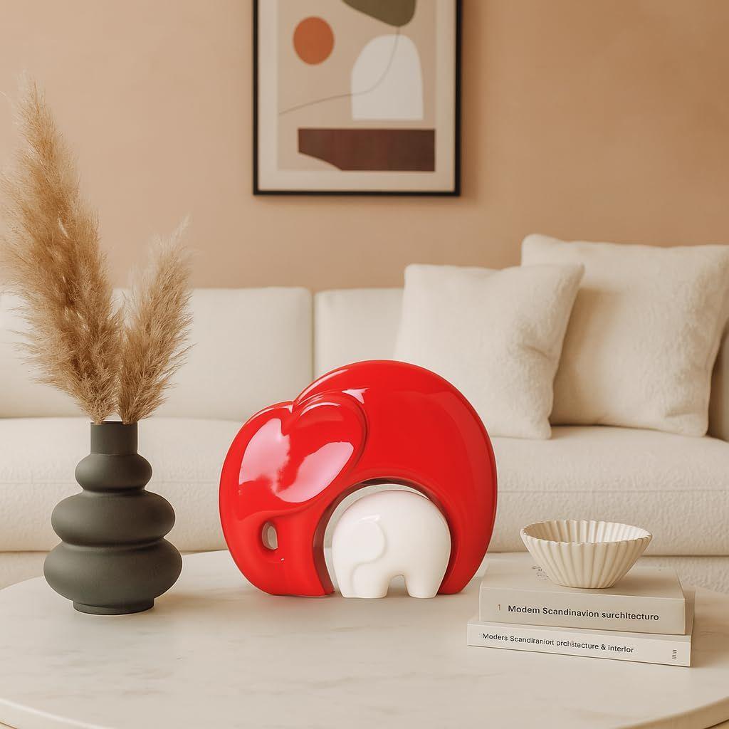 Home Décor Lucky Charm Elephant Mother and Kid Set | Piano Finish Ceramic Figures - (Set of 2 Piece, Red White)