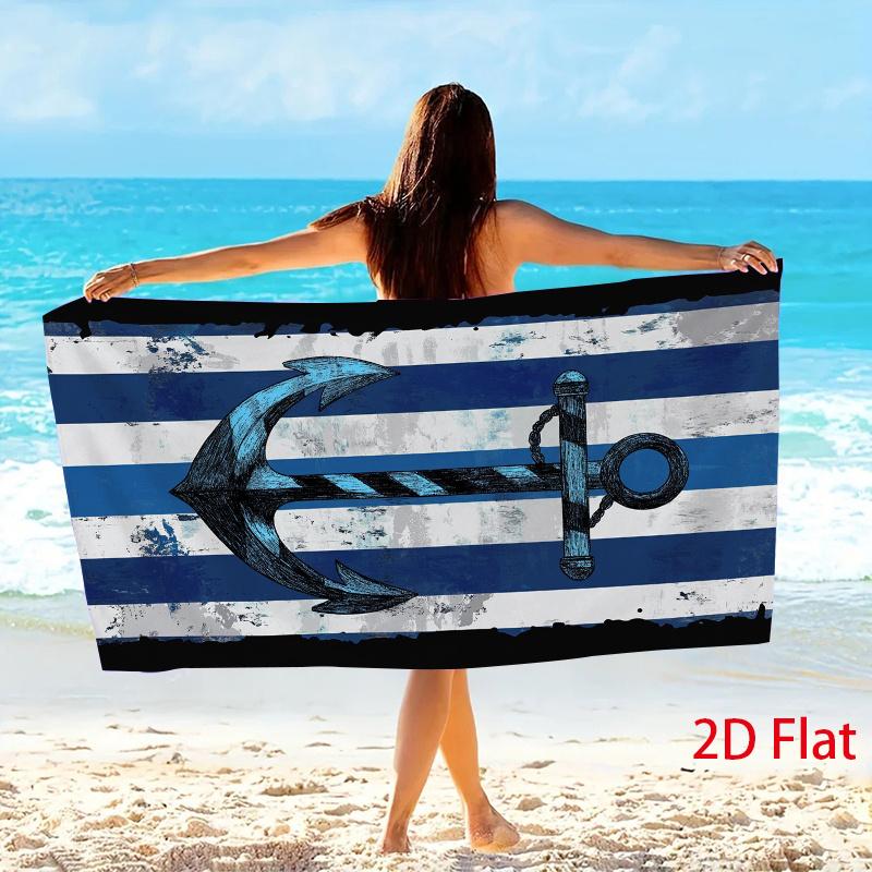1pc Nautical Anchor Beach Towel | Blue and White Striped Pattern, Soft Microfiber Fabric, Large Size, Unisex, Ideal for Swimming