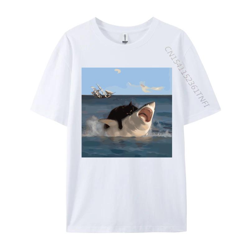 Katze beißt Hai Lustige Kunst und Katzenliebhaber Lustige Katze und Hai Bedrucktes Baumwoll Unisex Oberteil Shirt Normal Hip Hop 2026 Sommer T-Shirt