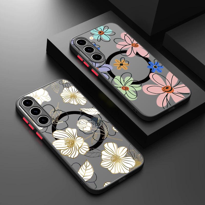 Colorful Flowers Print Magnetic Phone Case For Samsung Galaxy A37 A17 A56 A36 A55 A35 A26 A16 A25 A15 A54 A14 Acrylic Back Cover