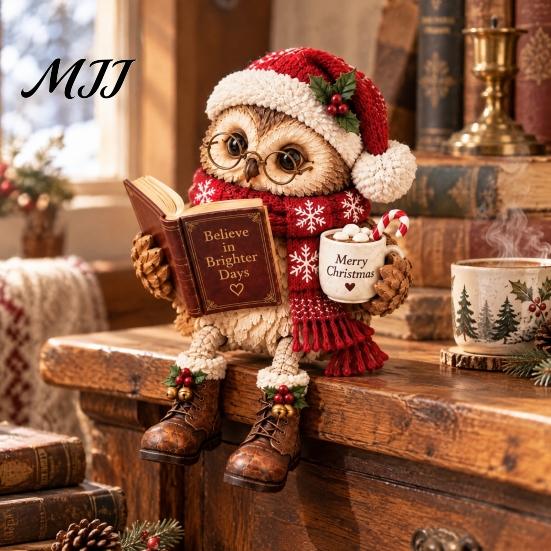 Whimsical Hanging Leg Owl Decor 2Pcs Reading Resin Figurines, Sitting Edge Bookshelf Statue with Glasses Cute Animal Statues for Mantel &