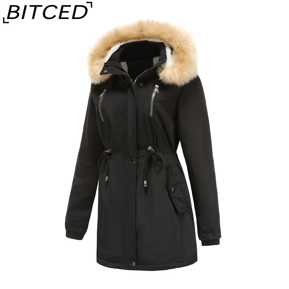 BITCED Autumn/Winter Women's Thickened Shearling-Lined Cotton Coat Loose-Fit Cotton Jacket with Detachable Hood and Fleece Lining