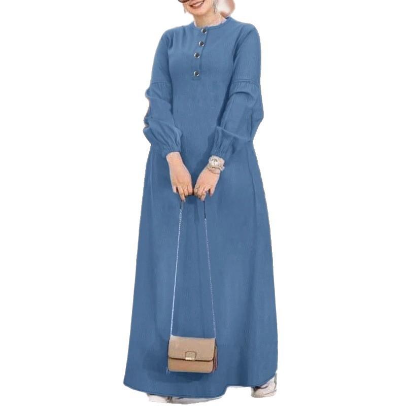 Abito Lungo da Donna a Maniche Lunghe con Bottoni e Maniche Arricciate, Monocolore, Casual