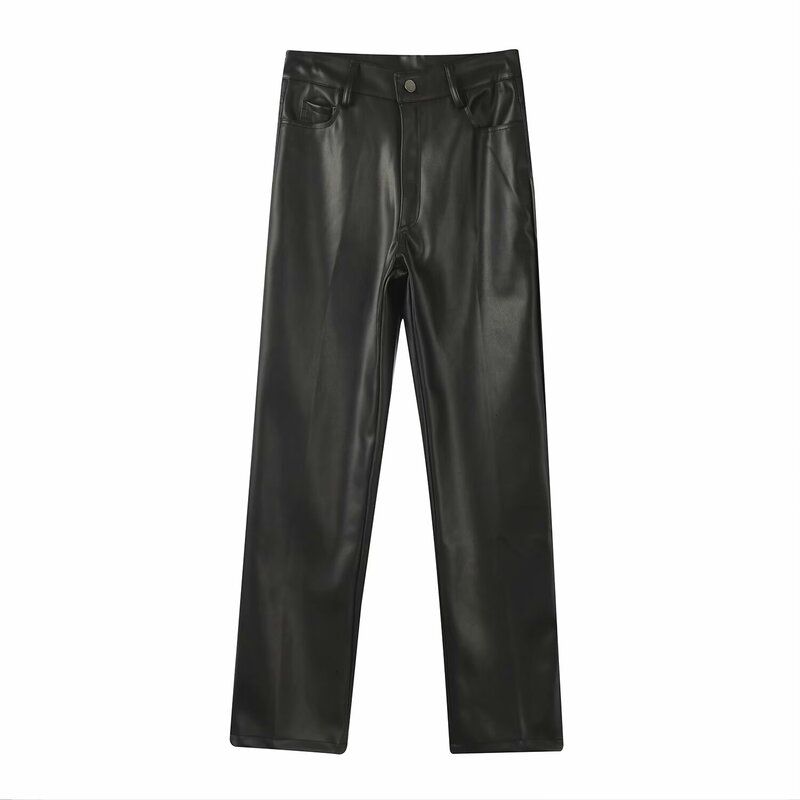 

Fashion Style Women s Spring Clothing Pocket High Waist Imitation Leather Trousers Black L