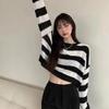 KOSY Striped Cropped Sweater Korean Style  Women Vintage Oversize Knit Jumper Female Autumn Long Sleeve O-neck Pullovers Tops