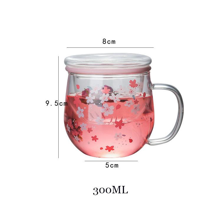 300ml Cute Heated Resistance Japanese Cherry Blossom Cup With Tea Infuser Filter&Lid Glass Flower Tea Cup Christmas Mug