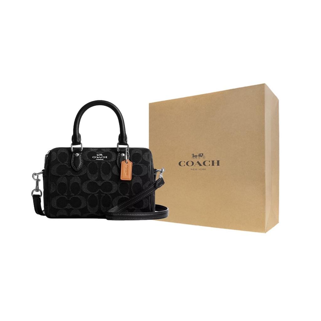 Coach Rowan 18 Removable Shoulder Strap Zipper Closure Denim And Smooth Leather Mini Handbag Women Handbags Black CDQ37-SVBK