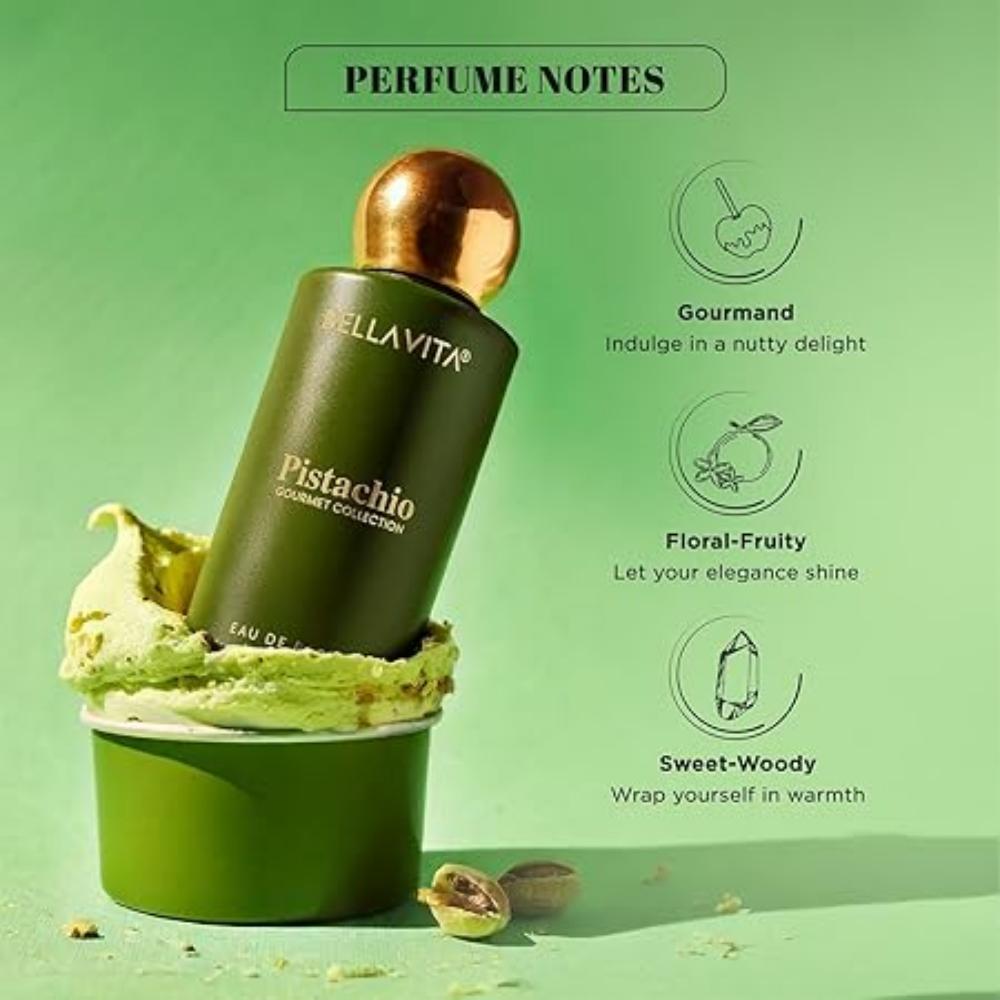 BELLAVITA Gourmet Collection Pistazie | Langanhaltendes EDP 100ml | Blumig, Holzig, Süßer Premium Unisex-Duft für Männer und Frauen