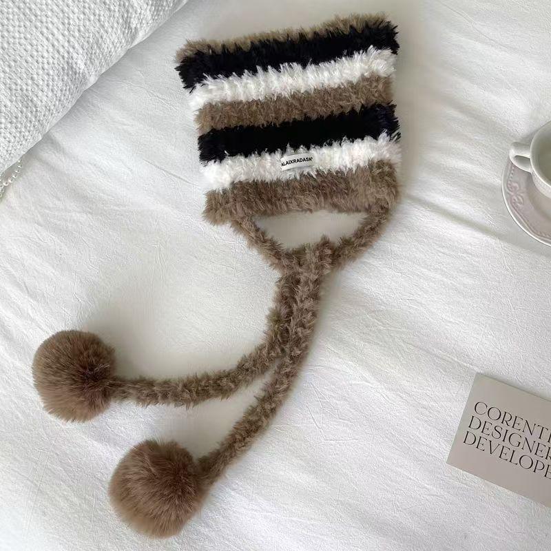 New Bag Hat Cute Color Matching Striped Letter Plush Ear Hat Warm and Versatile