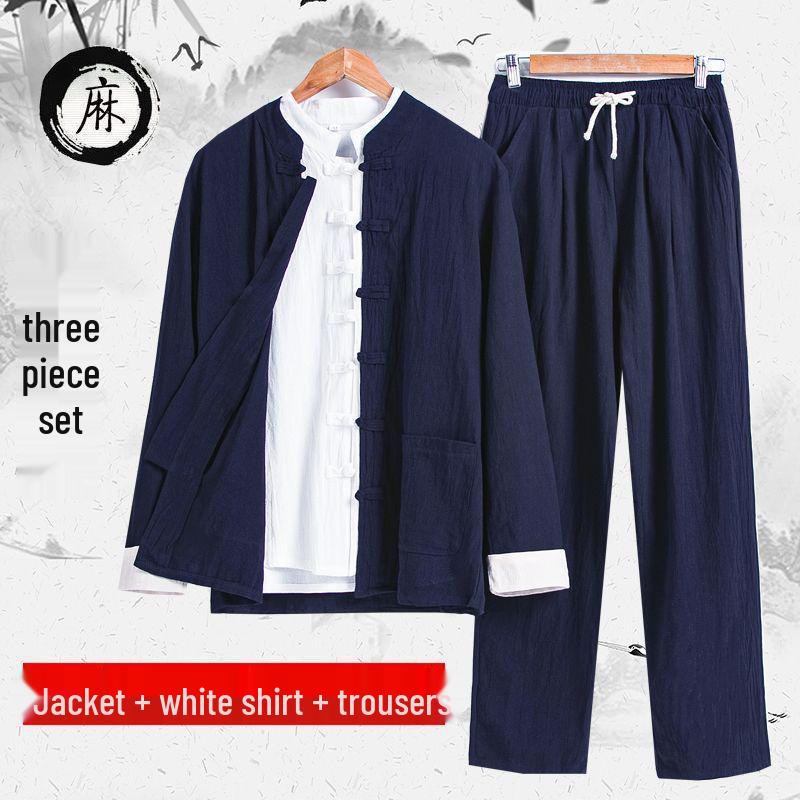 Men's Tang Suit Cotton & Linen Hanfu: Traditional Chinese Costume for Meditation & Tea Ceremonies (Spring-Summer-Fall)
