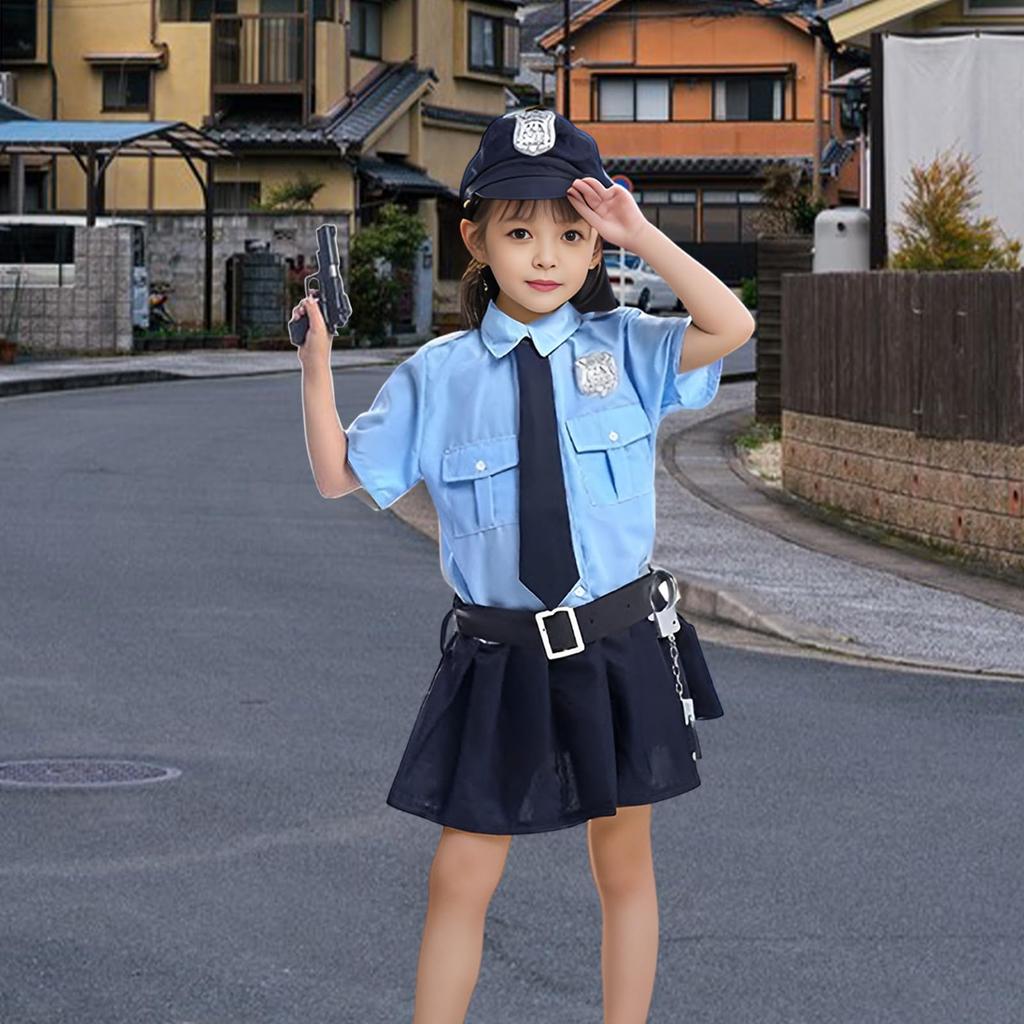 Fantasia de Policial Moerstar para Crianças, Meninas, Halloween, Uniforme de Policial, Conjunto de 5 Peças, Inclui Vestido, Chapéu, Cinto, Gravata e Algemas, Perfeito para