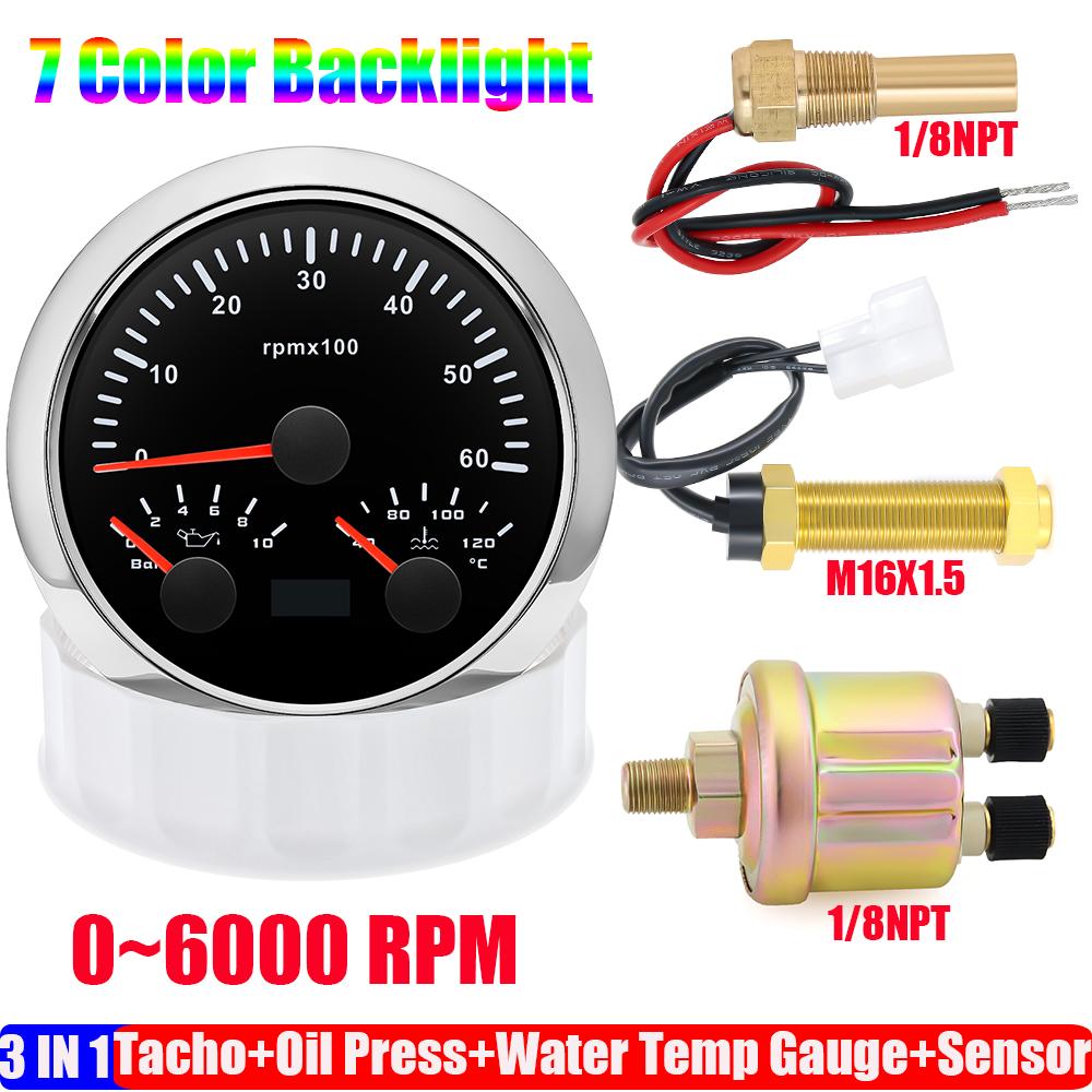 ZMFJH 3000~8000RPM 85MM Tachometer+Oil Pressure+Water Temp Gauge with Sensor 7 Color Light MultiMeter 0~10Bar for Car Boat 9-32V