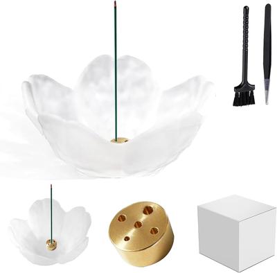 Glass Incense Burner with Brass Design Set with 5 Holes and Incense Holder Stylish Hammered Cherry Blossom White Matte Finish Suitable for Buddhist