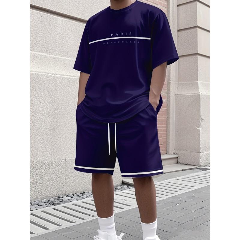 Sommer Einfarbiges T-Shirt und Shorts Set Buchstabendruck Kurzarm-Oberteil mit Kordelzug-Shorts Streetwear Herrenmode Sportbekleidung