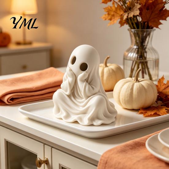 Compact Ghost Statue for Home 3D Printed Halloween Figurine, Cute Chin-Resting Spooky Desk Decor, White Black Figures Funny Ornament Party And
