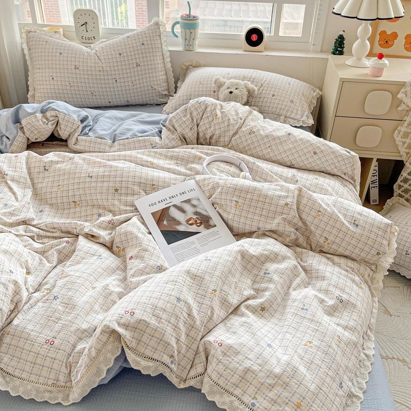 G5Z25 Cloud-Feel 4-Piece Double-Layer Gauze Lace Bedding Set - Washed Cotton Duvet Cover and Bed Sheet, Ins Style.