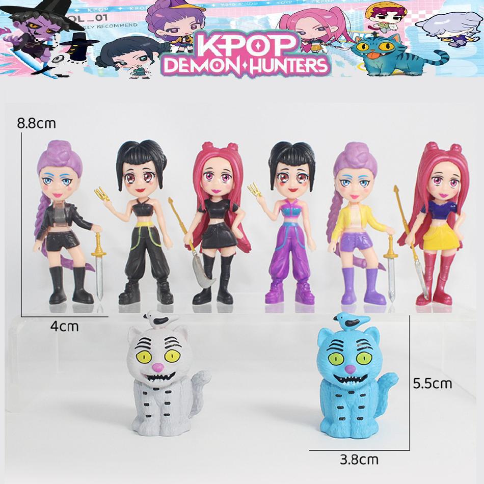 8pcs/Set Kpop Demon Hunters Action Figure Toy Q VersionDerpys Tiger Rumi Mira Zoey Sussy Figurine Doll For Fans Gift