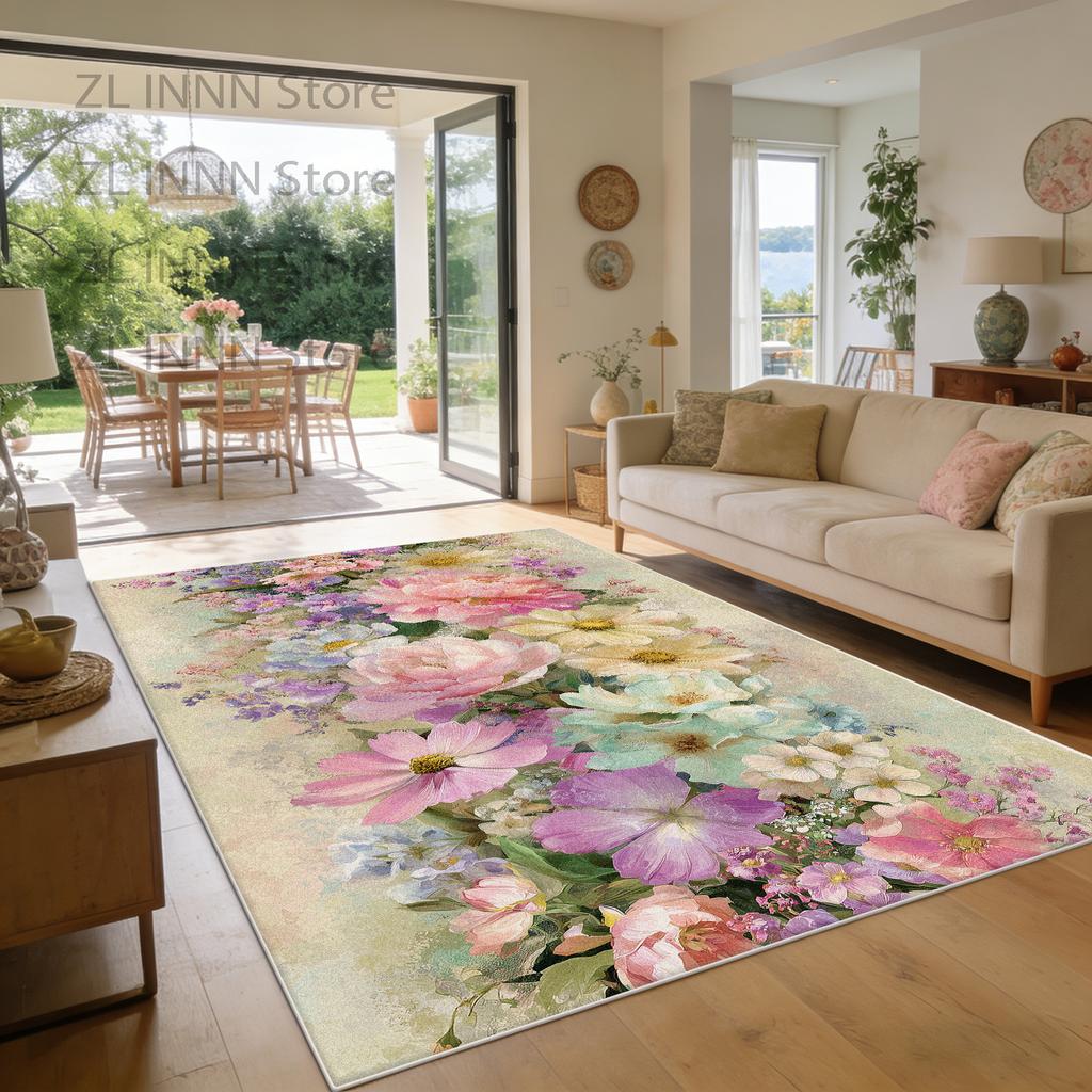 Spring Summer Floral Style Living Room Carpet Fresh Decoration Home Pastoral Area Pile Fabric Rug Sofa Bedroom Plush Floor Mat