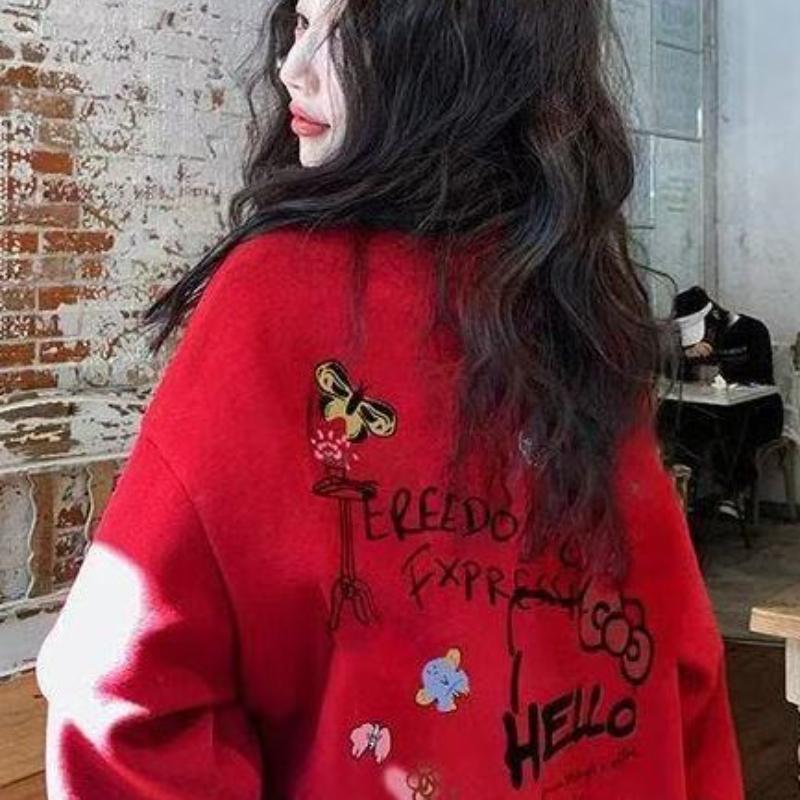 Ladies Cartoon Pattern Solid Color Hoodie Korean Letter Decorated Round Neck Hoodies Winter Loose Versatile Woman Top