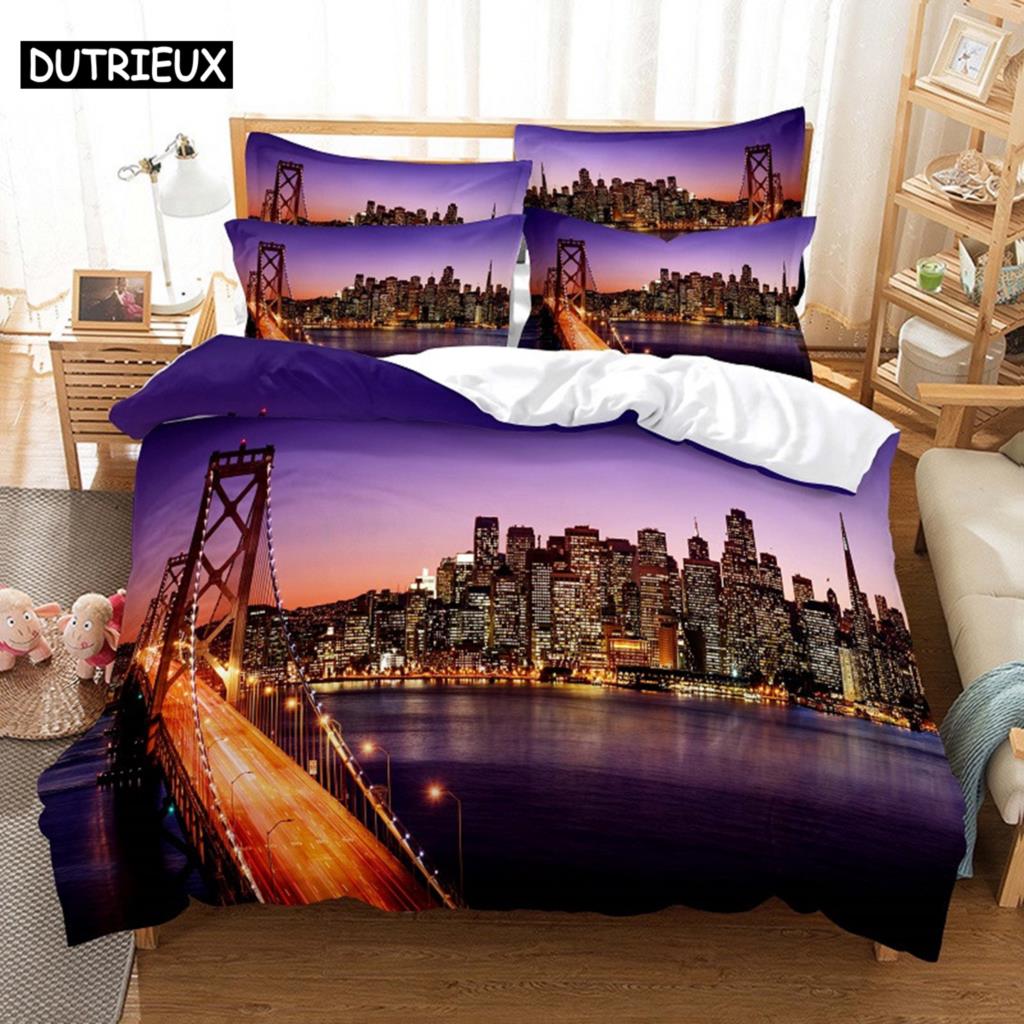 3D Digital Printing Fashion Design Night View Bridge Bedding Set, Queen Size Duvet Cover Set