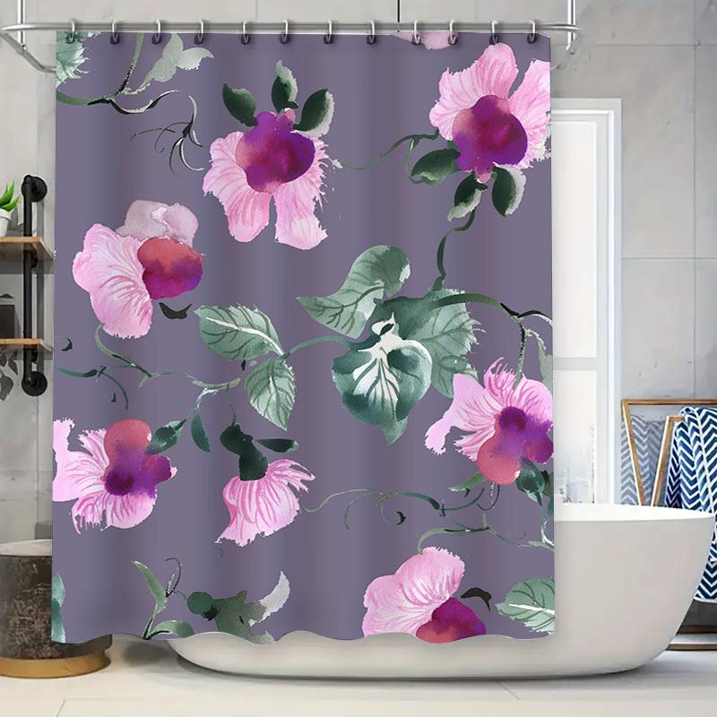 

Purple Floral Shower Curtain With Green Leaves Watercolor Print Bathroom Decor For Home Pink Lavender Green W60H190(CM)-1 Pcs
