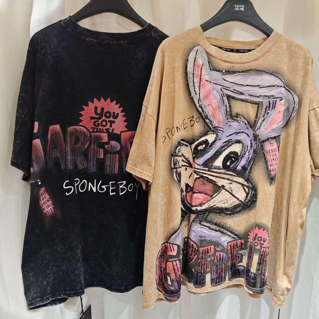 Trendy European & American Retro Distressed Cartoon Cotton T-Shirt - Women's Loose Fashion Short Sleeve Top for Autumn