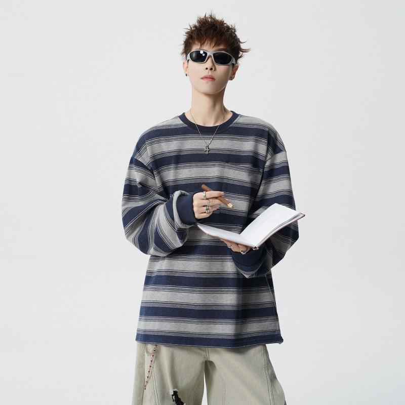 100% Cotton Vintage Striped Long Sleeve Crewneck Sweatshirt Unisex Loose Fit Casual Top