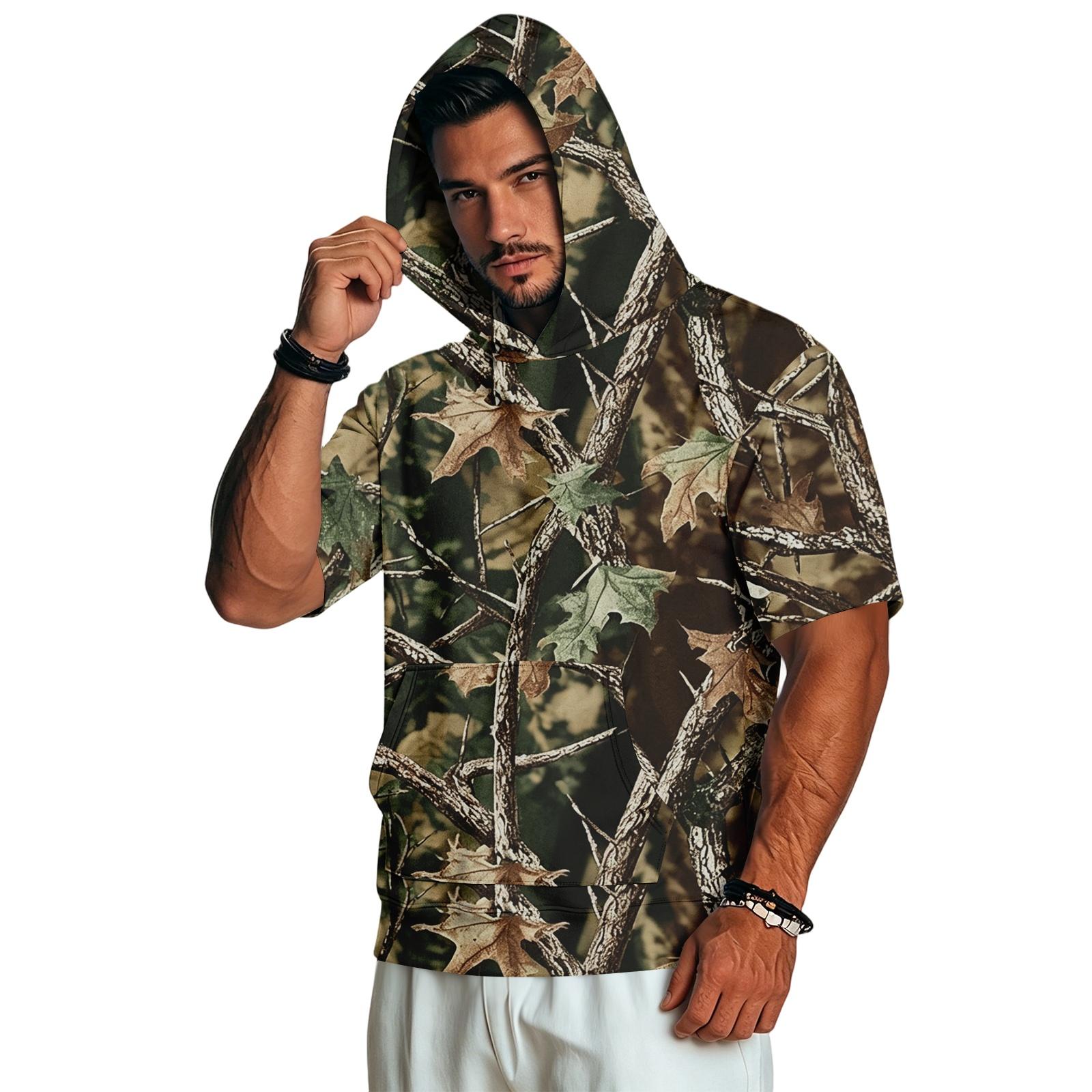 Men s Short Sleeve Hoodie Casual Retro Lightweight Camouflage Print S