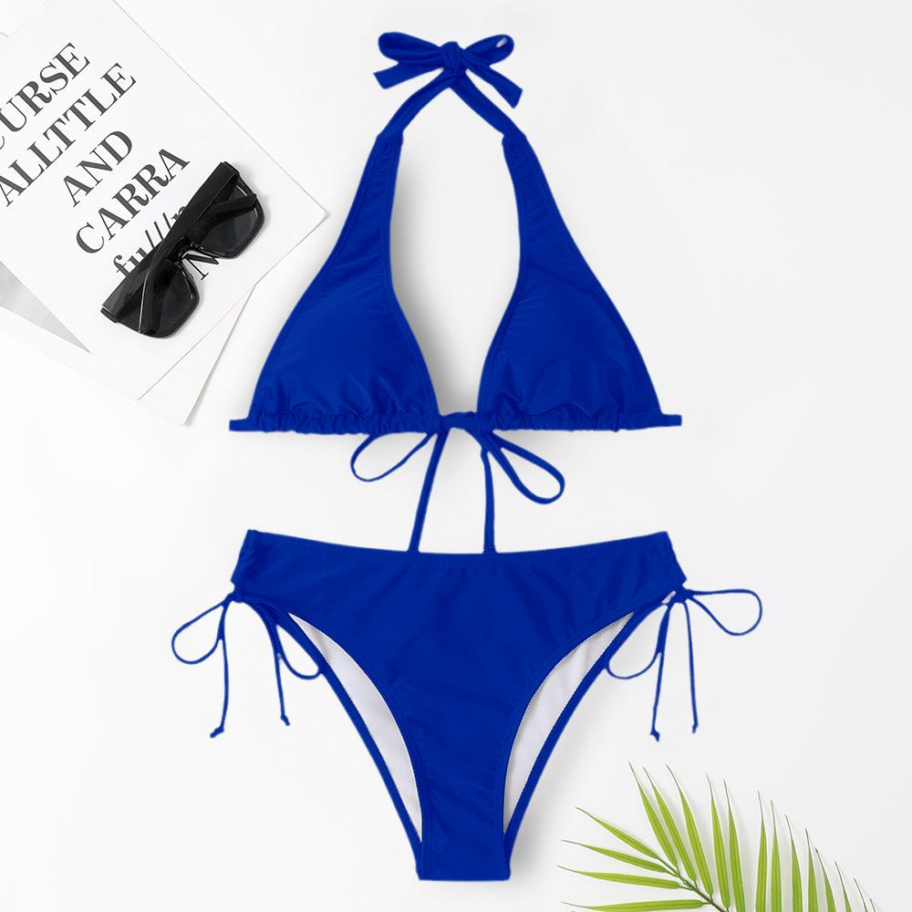 European & American Tie-Up Bikini: Sexy Solid Color Swimwear for Beach Vacations