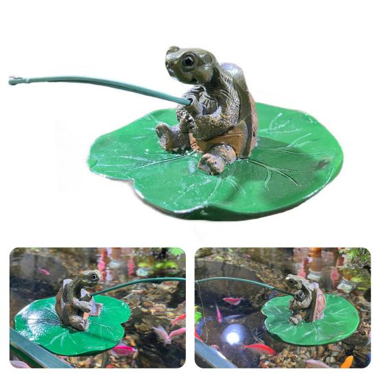 Fishing Turtle Statue Resin Angler Turtle On Lotus Leaf Ornament Floating Animal Sculpture for Fish Tank Aquarium Pond