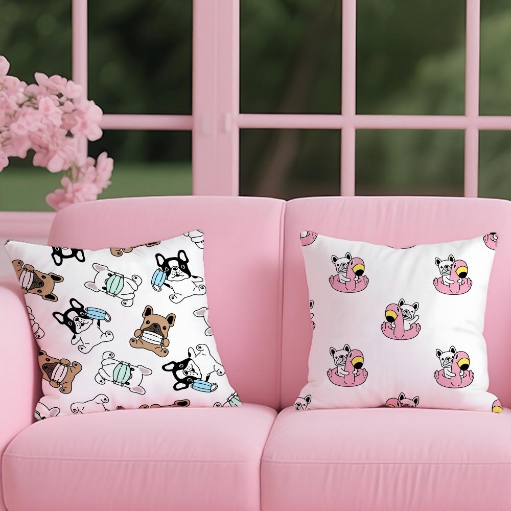 Cartoon French Bulldog Pattern Cushion Cover Reversible Plush Pillow Cover – For car, sofa, bedroom, perfect as a gift.