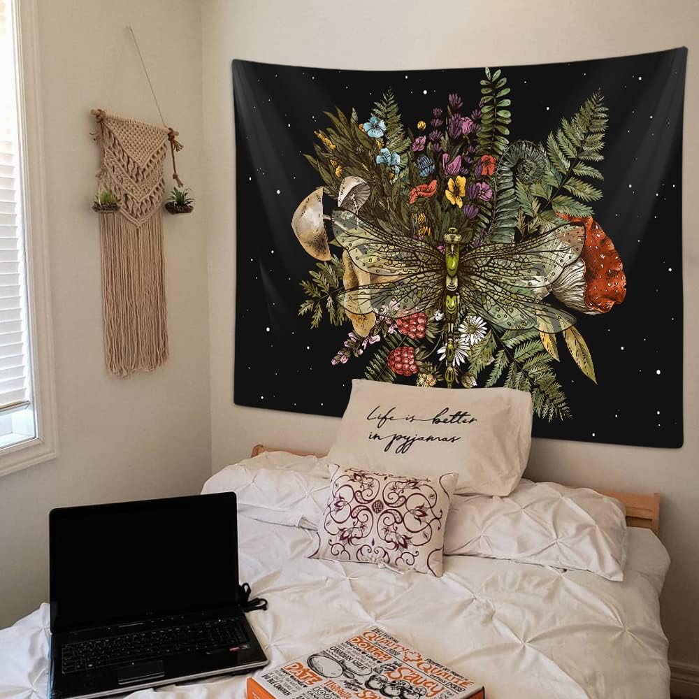 Boho Pilz Libelle Wandteppich für Schlafzimmer Ästhetisch Vintage Botanische Pflanzenkunst Wandbehänge für Studentenwohnheim