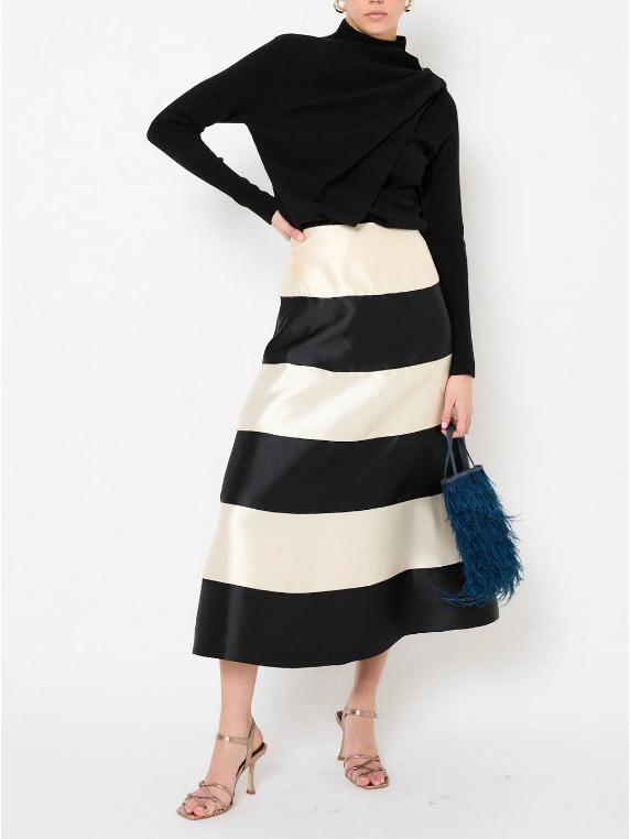 

Elegant Color Block Black Silk Skirt Two-Piece Dress, EU Size 2026 XL чёрный