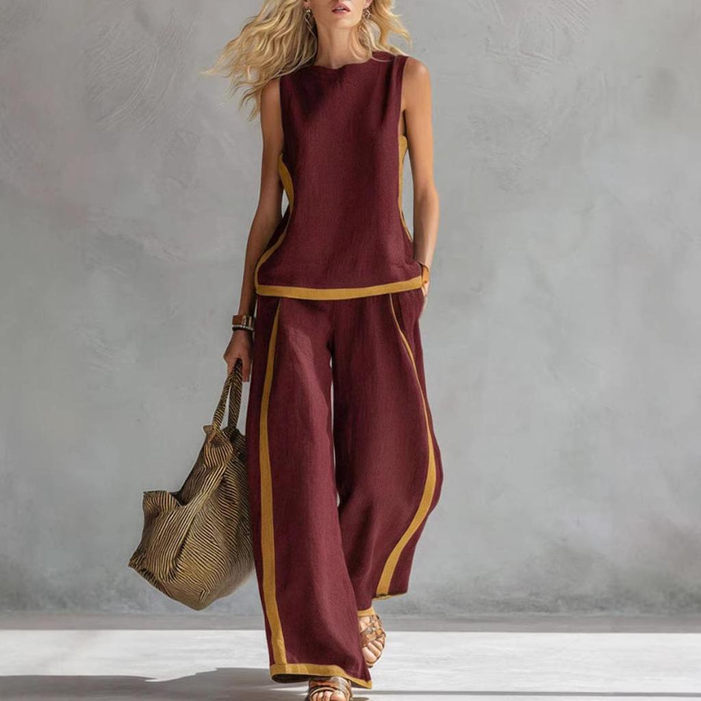2026 Women's Spring/Summer Color Block Sleeveless Vest & Wide-Leg Pants Set