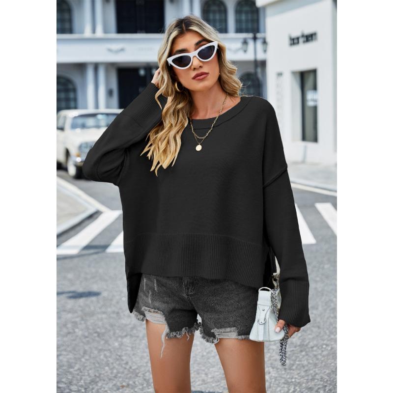 Autumn and Winter Women's Sweater Solid Color Round Neck Knit Loose Flared Sleeve Pullover Sweater