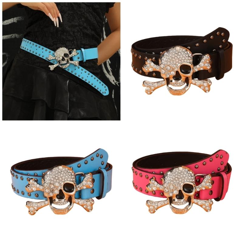 Popular Rhinestones Skull Buckle Belt for Adult Rivet Studded Belt All Matching Western Belt for Daily and Club Wear