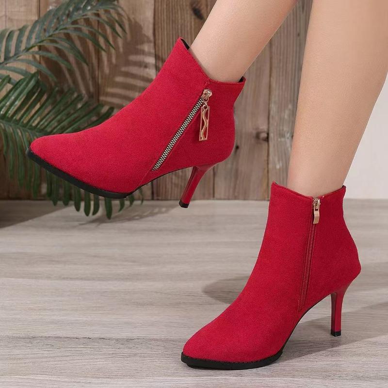 Fashion high-heeled short boots women's autumn and winter velvet thin heels women's boots pointed versatile and thin boots