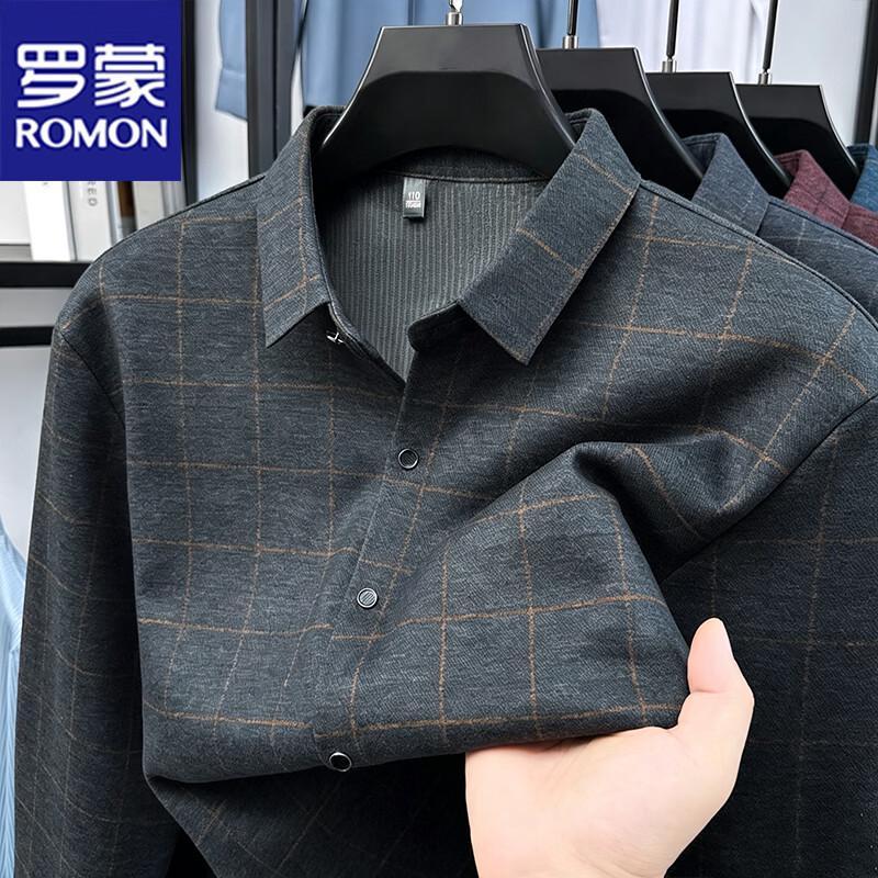 ROMON Men's Long-Sleeve Plaid Casual Business Shirt