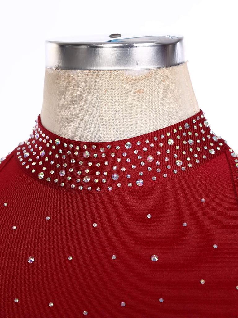 Womens Rhinestones Latin Dance Performance Gymnastics Figure Skating Costume Jazz Dance Outfits Tassels Adorned Leotard Bodysuit