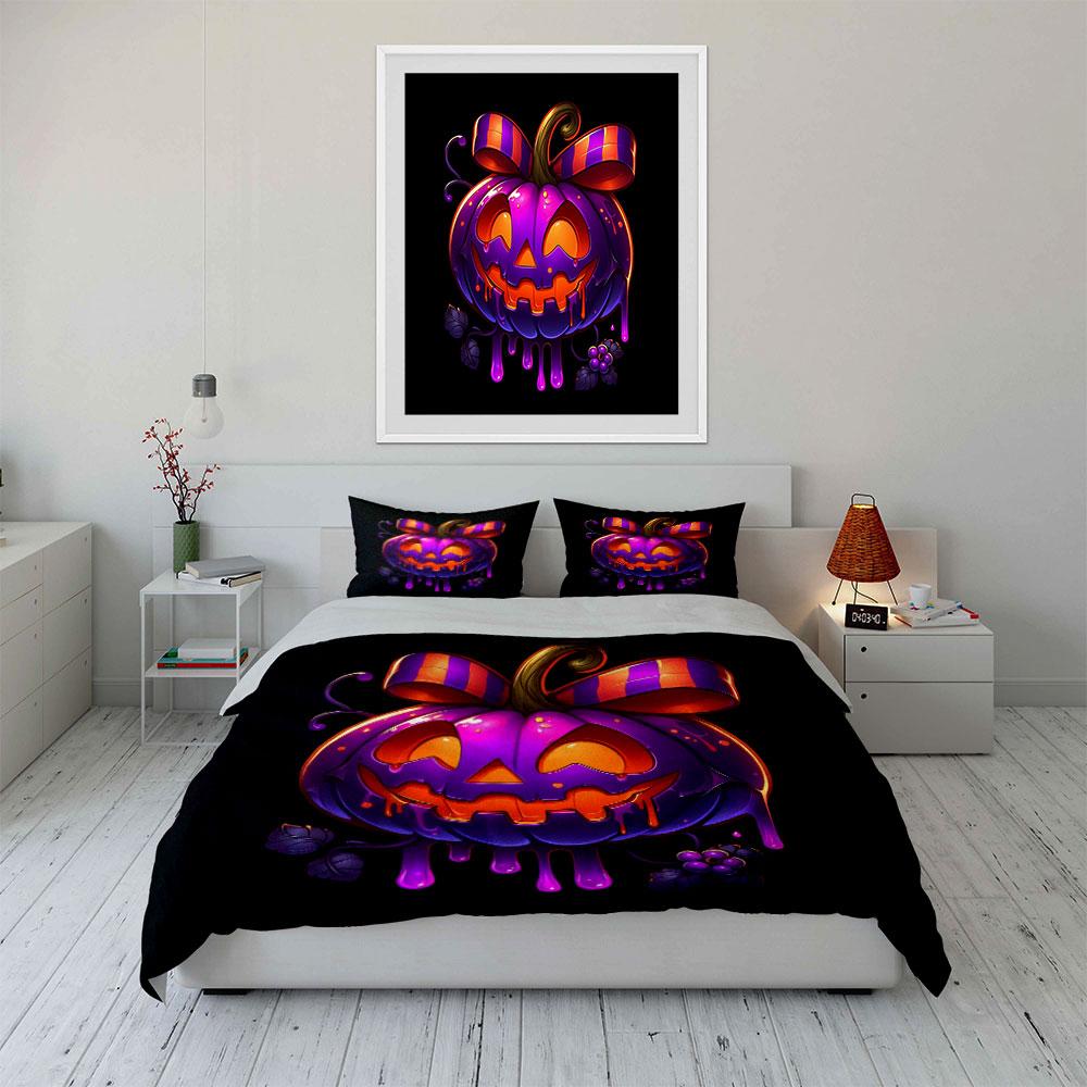 Halloween Pumpkin Decoration Set Soft Skin-Friendly Bedding Set Includes 1 Duvet Cover And 2 Pillowcase Gift
