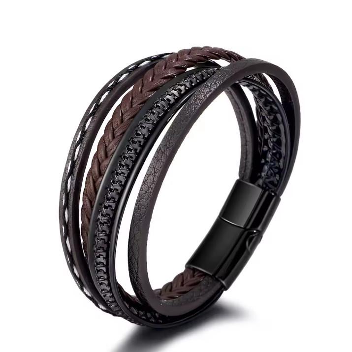 Men's Multi-Layer Braided Leather Bracelet with Magnetic Clasp