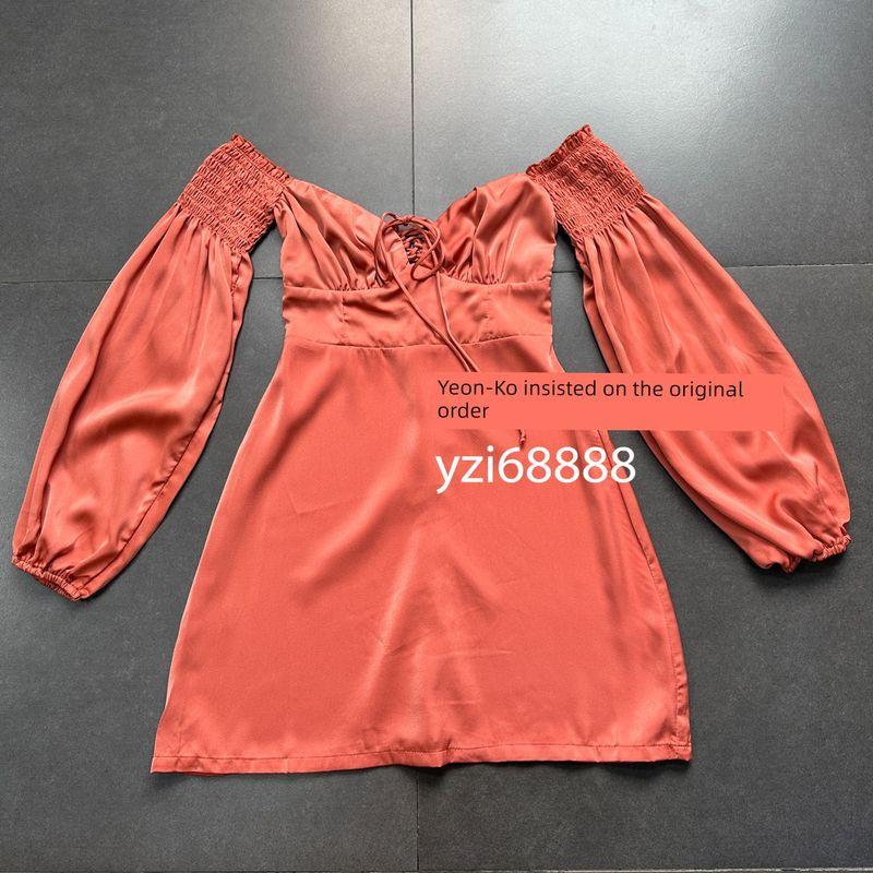 

American FN Popular Brand Sexy High Waist A- line Gentle Little Honey Silm off-Shoulder Collar Dress Summer Orange XS