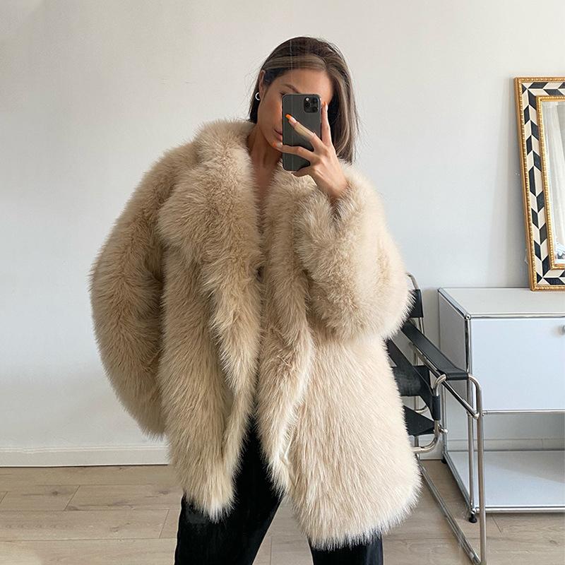 Luxury Faux Fur Coat Women Winter Thick Warm Long Sleeve Turndown Collar Female Overcoat  Elegant Lady Outerwear